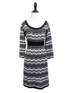 AGB Pointelle Knit Chevron Sweater Dress - Size Large Womens - Black Grey White